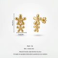 QIAOREN 14031 Polished Gold Double Five Petal Flower Drop Stud Earrings, Vertical Stacked Floral Ear Stud Jewelry Gift