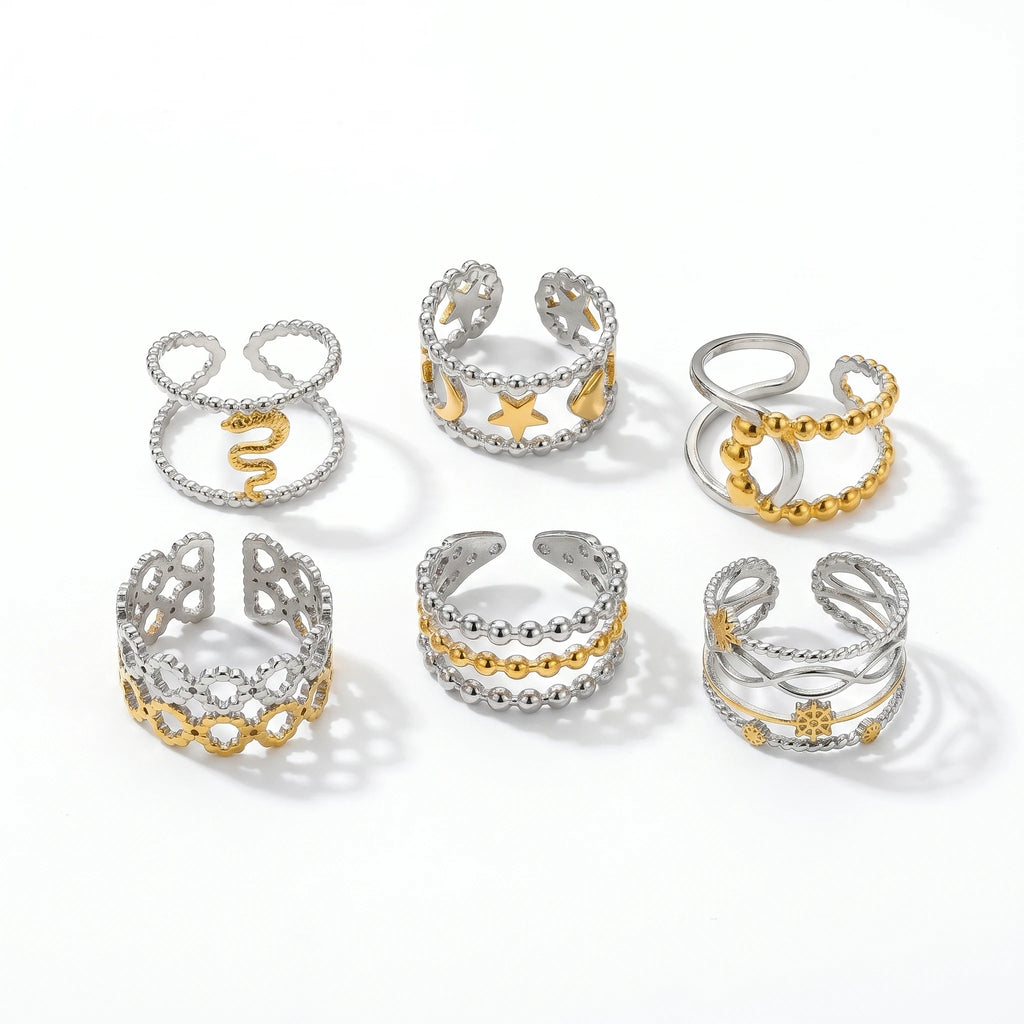 QIAOREN 13016-20 Gold Silver Plated Adjustable Open Stack Ring Set for Women Minimalist Geometric Statement Rings