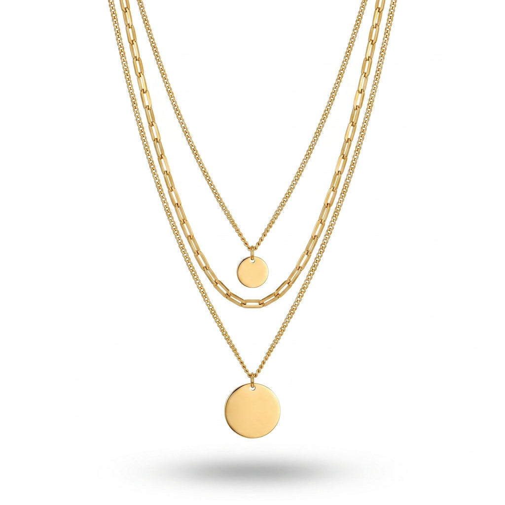 QIAOREN 11359 18K Gold Plated 3 Layered Paperclip Chain Necklace With Dual Disc Pendants Stainless Steel Tarnish Free