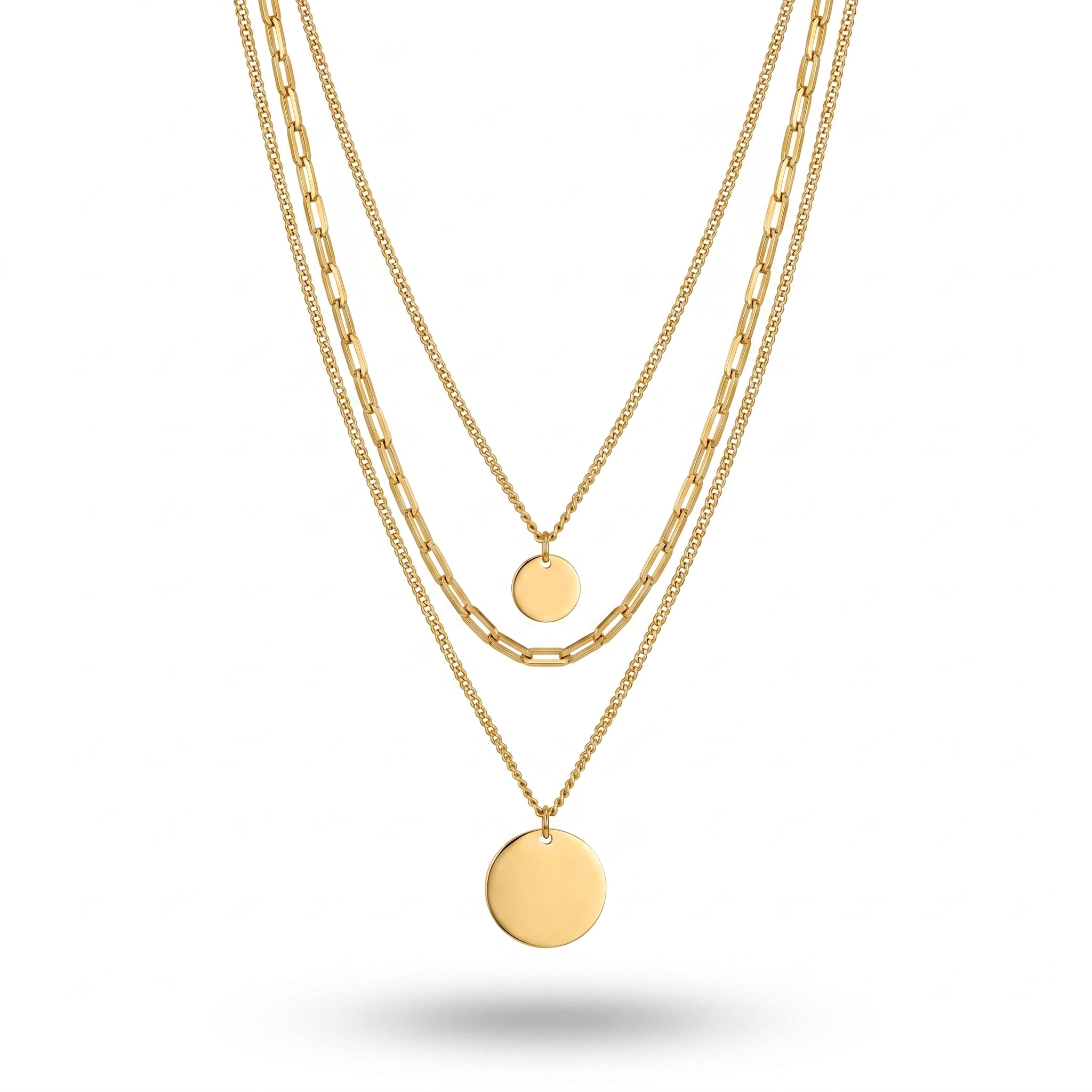 QIAOREN 11359 18K Gold Plated 3 Layered Paperclip Chain Necklace With Dual Disc Pendants Stainless Steel Tarnish Free