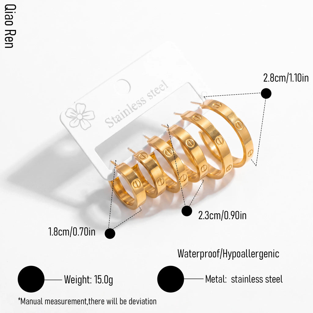 QIAOREN 14595 3 Pairs Decor C Shape Hoop Stud Earring Set, Graduated Size Brushed Hypoallergenic Daily Jewelry Gift Set