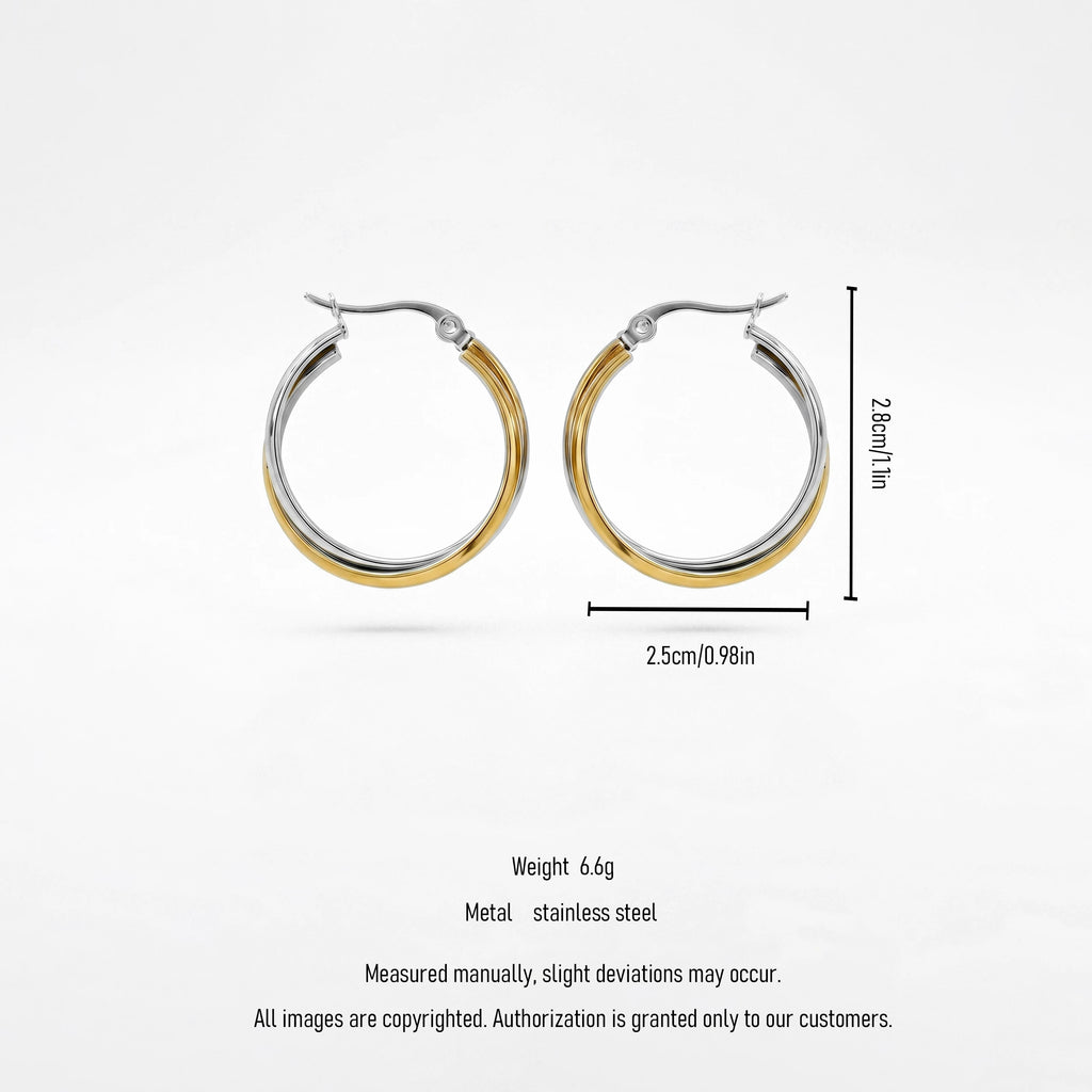 QIAOREN 12399Interlocking Crossover Hoop Earrings Gold Silver Two Tone Overlapping Double Band Stainless Steel Large Hoops US EU