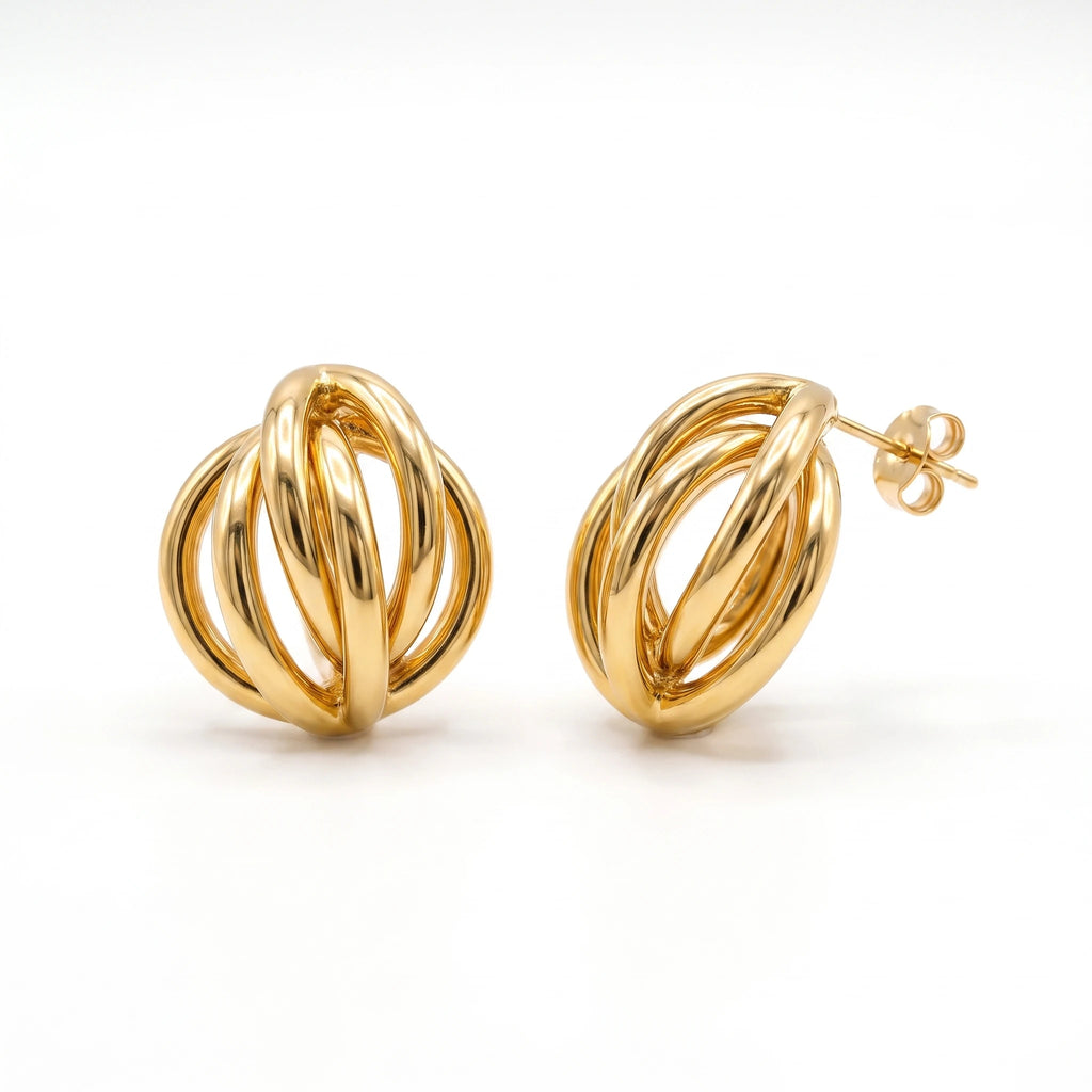 QIAOREN 14541 Twisted Knot Stud Earrings, Polished Gold Interlocked Hoop Earrings, Hypoallergenic Minimalist Statement Jewelry