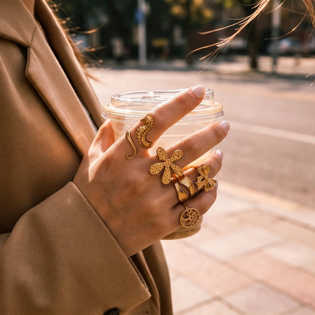 QIAOREN 14239-50 Vintage Textured Gold Open Cuff Ring Set, Hippie Bohemian Stackable Adjustable Rings for Women
