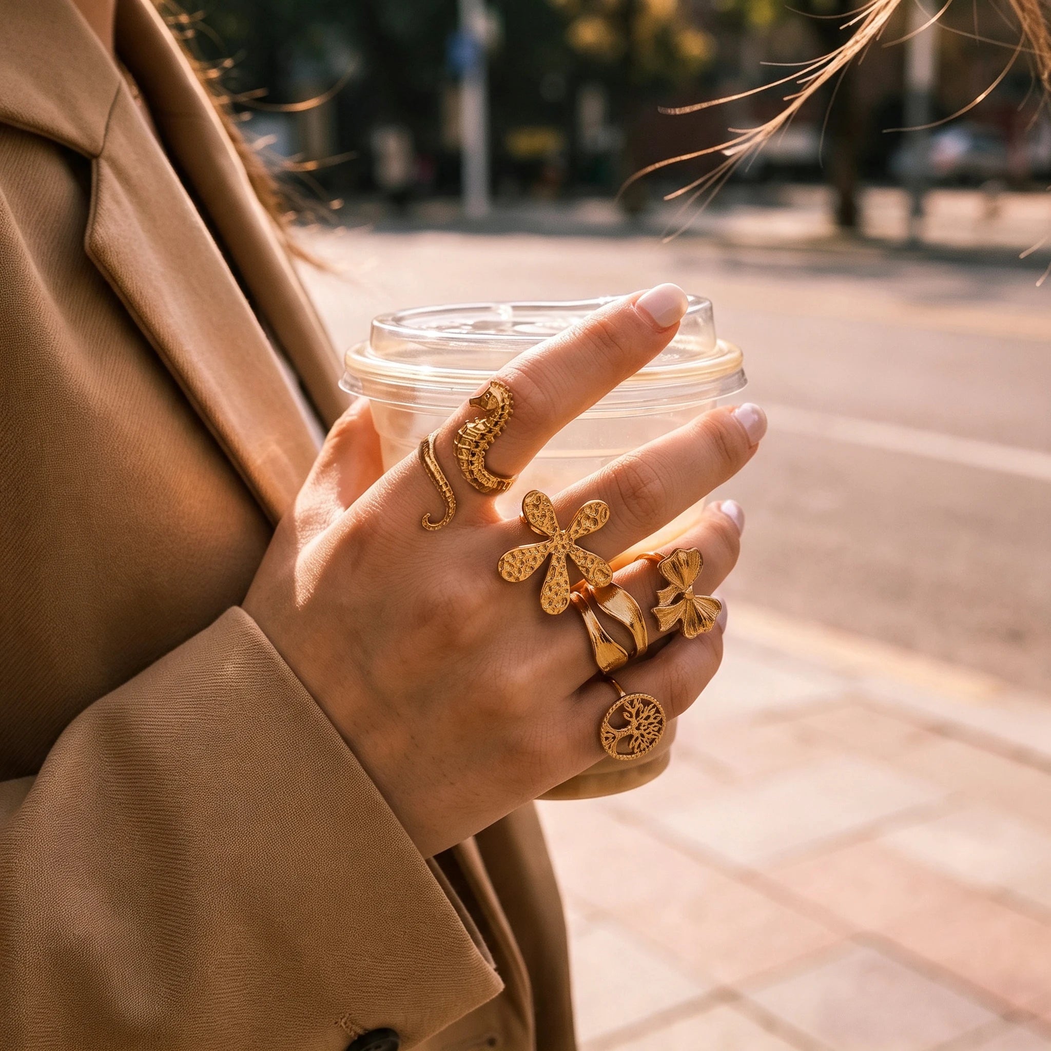 QIAOREN 14239-50 Vintage Textured Gold Open Cuff Ring Set, Hippie Bohemian Stackable Adjustable Rings for Women