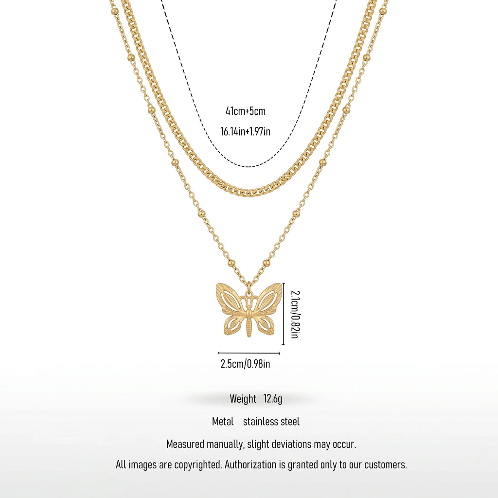 QIAOREN 11638 Waterproof 18K Gold Plated Stainless Steel Trendy Layered Necklace Matte Hollow Butterfly Pendant for Women Gift