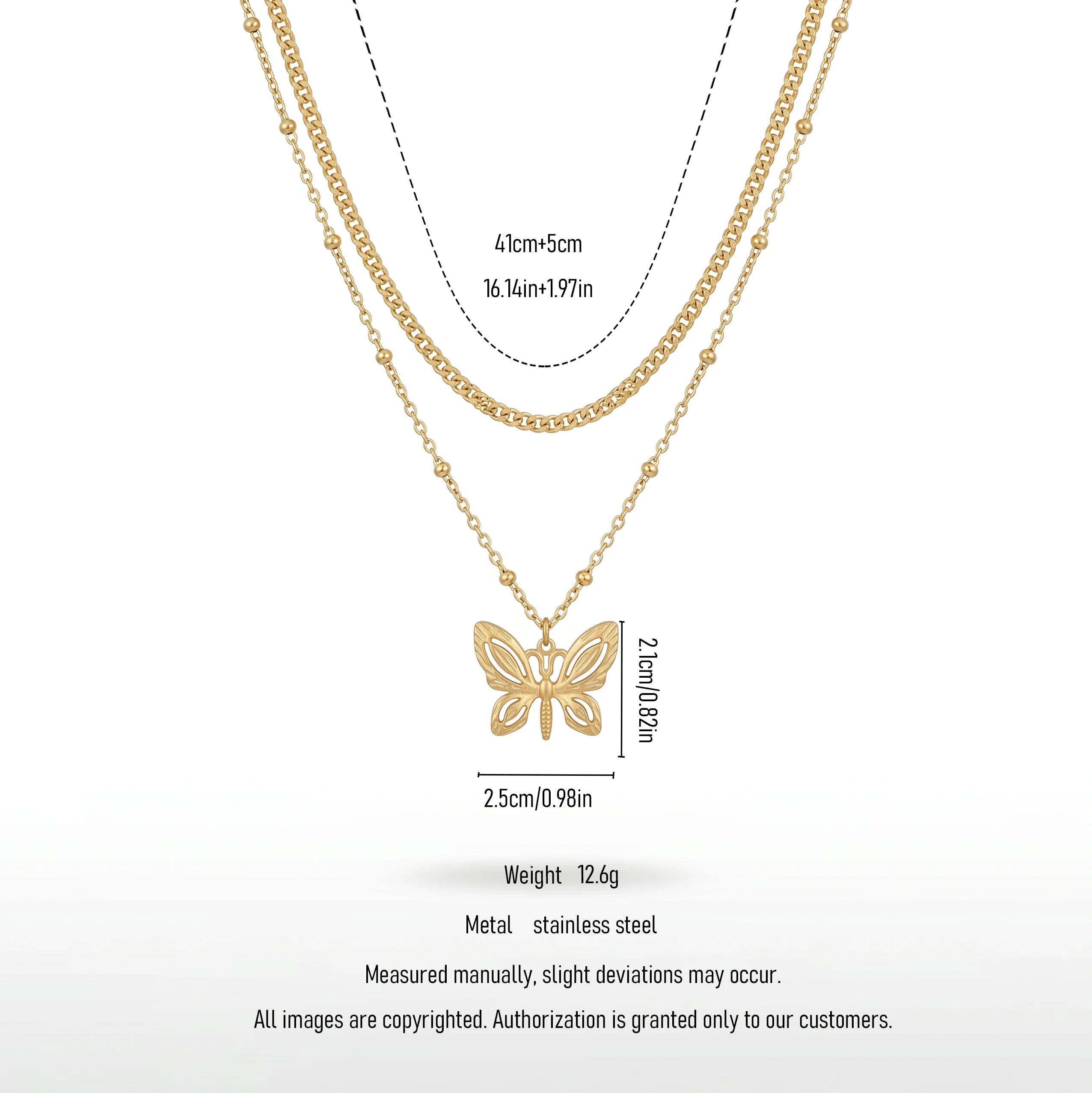 QIAOREN 11638 Waterproof 18K Gold Plated Stainless Steel Trendy Layered Necklace Matte Hollow Butterfly Pendant for Women Gift