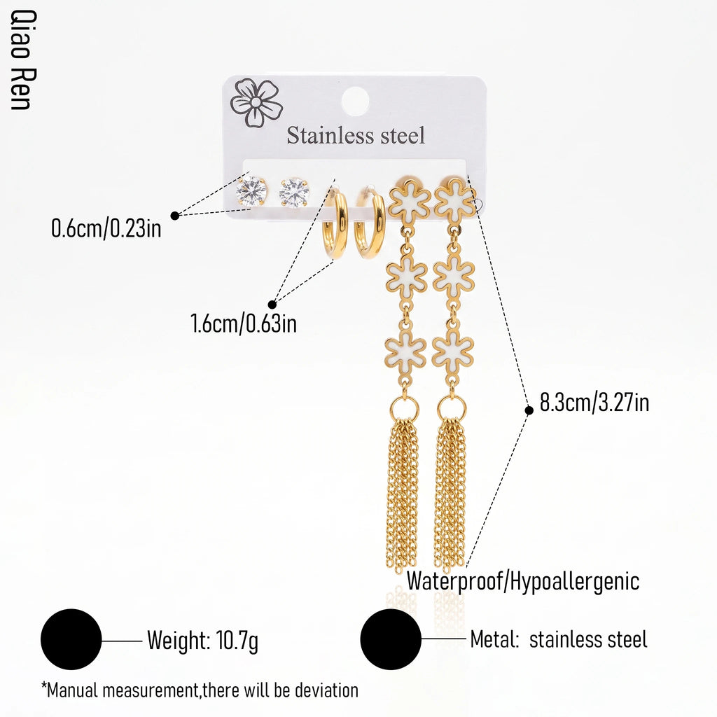 QIAOREN 14491White Enamel Flower Tassel Stainless Steel Long Drop Earring Set, Gold Multi Pair Earring Pack Jewelry Gift