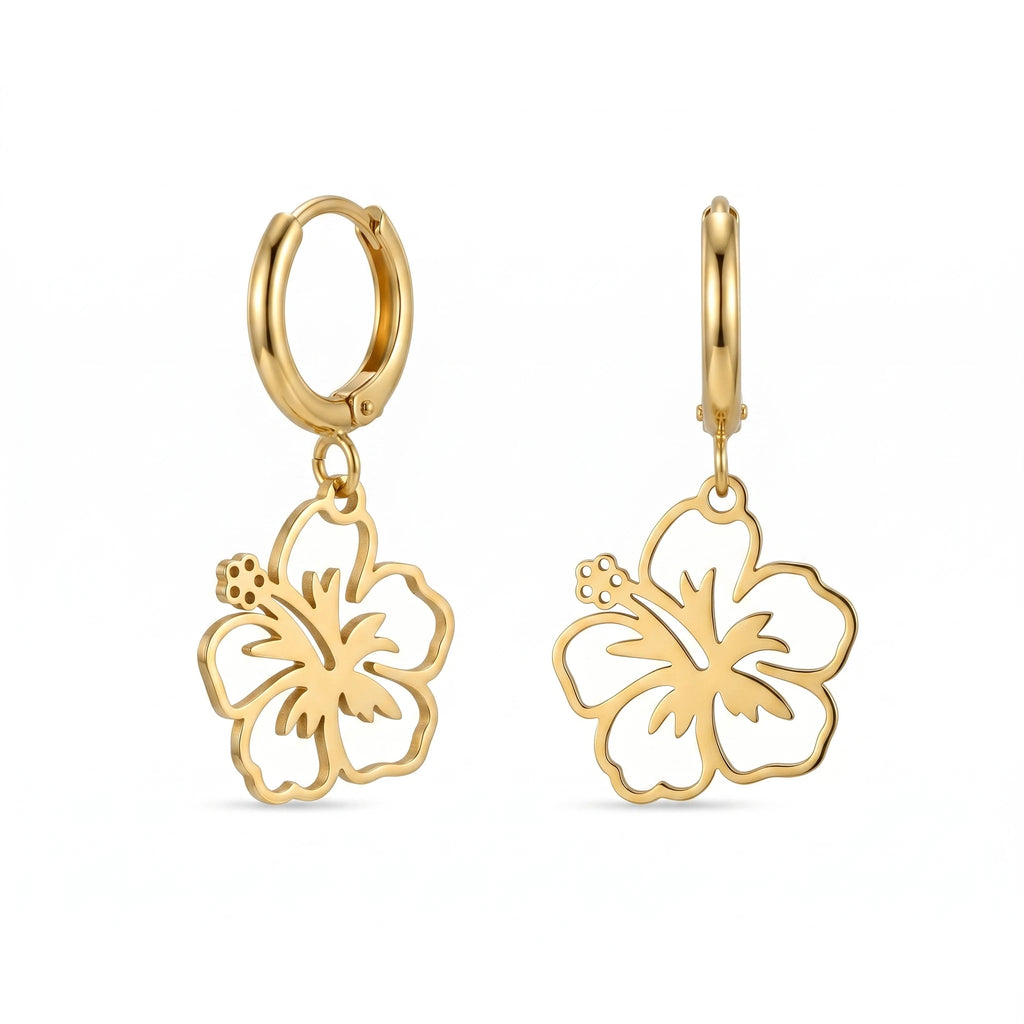 QIAOREN 10945 Hypoallergenic Stainless Steel Vintage Hollow Flower Earrings 18K Gold Plated Waterproof Tarnish Resistant Hoops