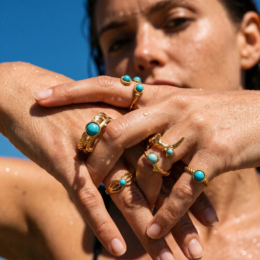 QIAOREN 18K Gold Stainless Steel Turquoise Open Ring Set, Waterproof Vintage Adjustable Boho Stackable Rings