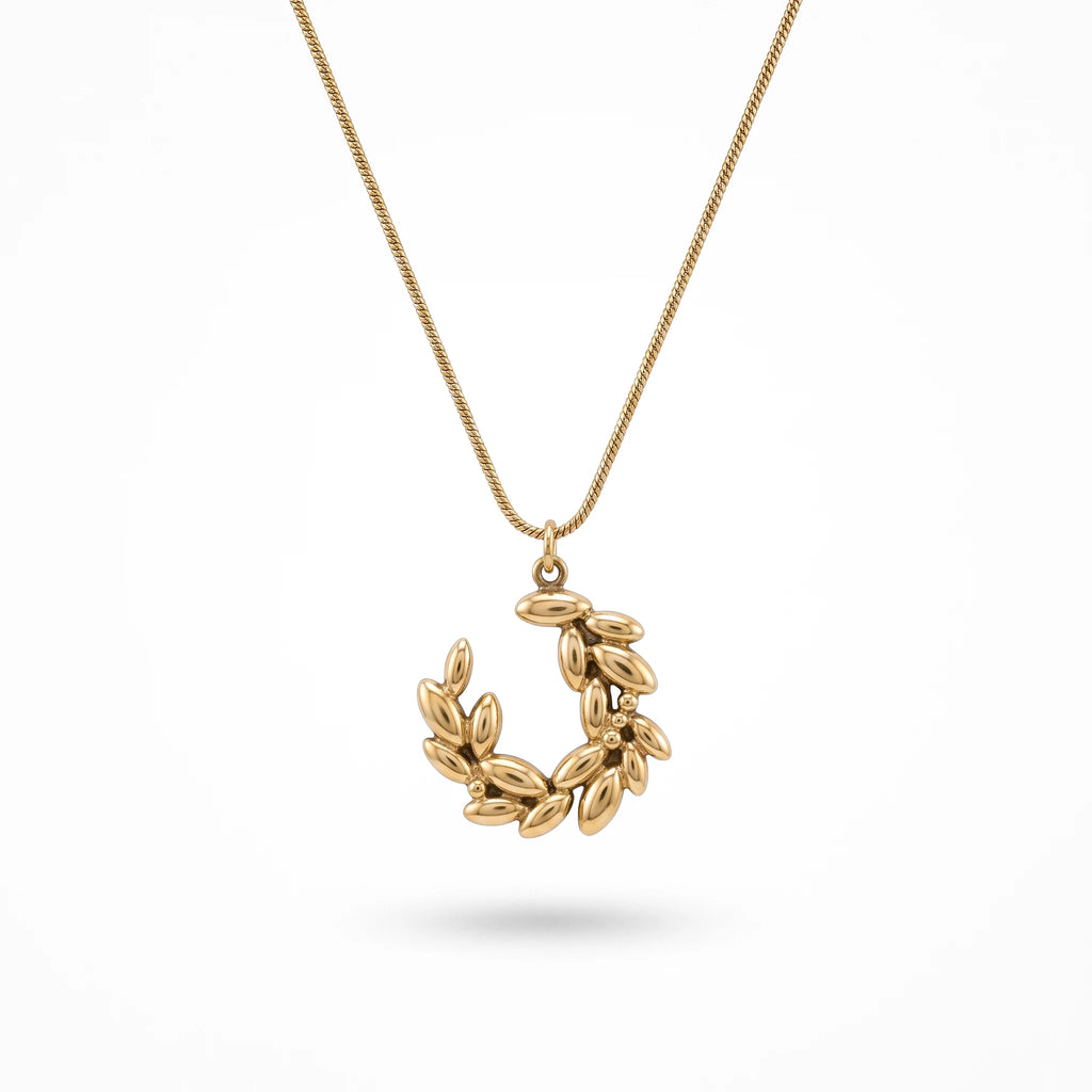 QIAOREN 13954 Stainless Steel Laurel Wreath Pendant Necklace Gold Olive Branch Minimalist Waterproof Jewelry for Women