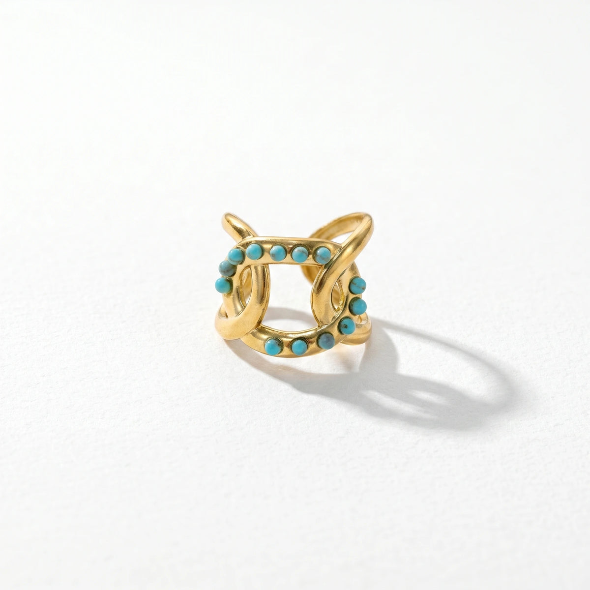 QIAOREN 5Pcs Gold Stainless Steel Turquoise Open Ring Set Irregular Hammered Crown Adjustable Boho Stackable Rings