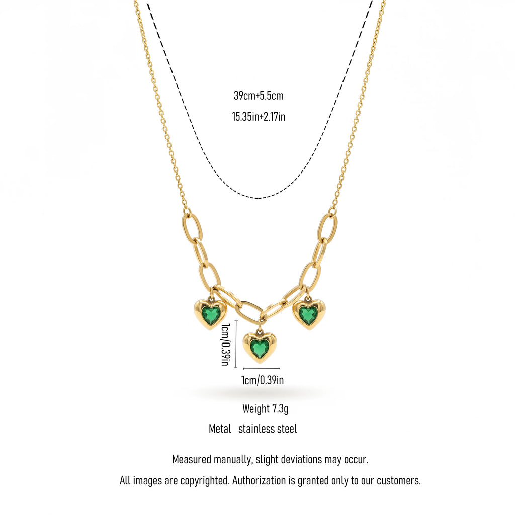 QIAOREN 13950-51 Stainless Steel Green Heart Charm Necklace Gold Paperclip Chain Waterproof Layered Jewelry for Women