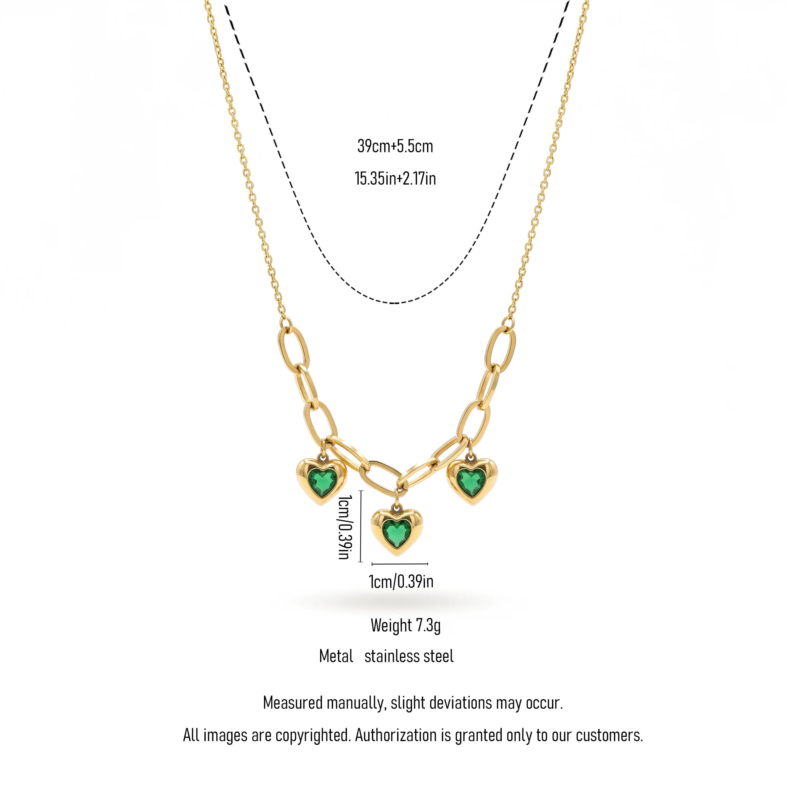 QIAOREN 13950-51 Stainless Steel Green Heart Charm Necklace Gold Paperclip Chain Waterproof Layered Jewelry for Women