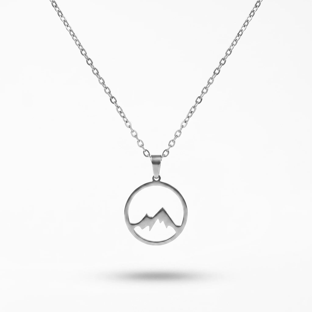 QIAOREN 11251 18K Gold Plated Hollow Mountain Circle Pendant Necklace Stainless Steel Tarnish Free Adventure Hiking Jewelry