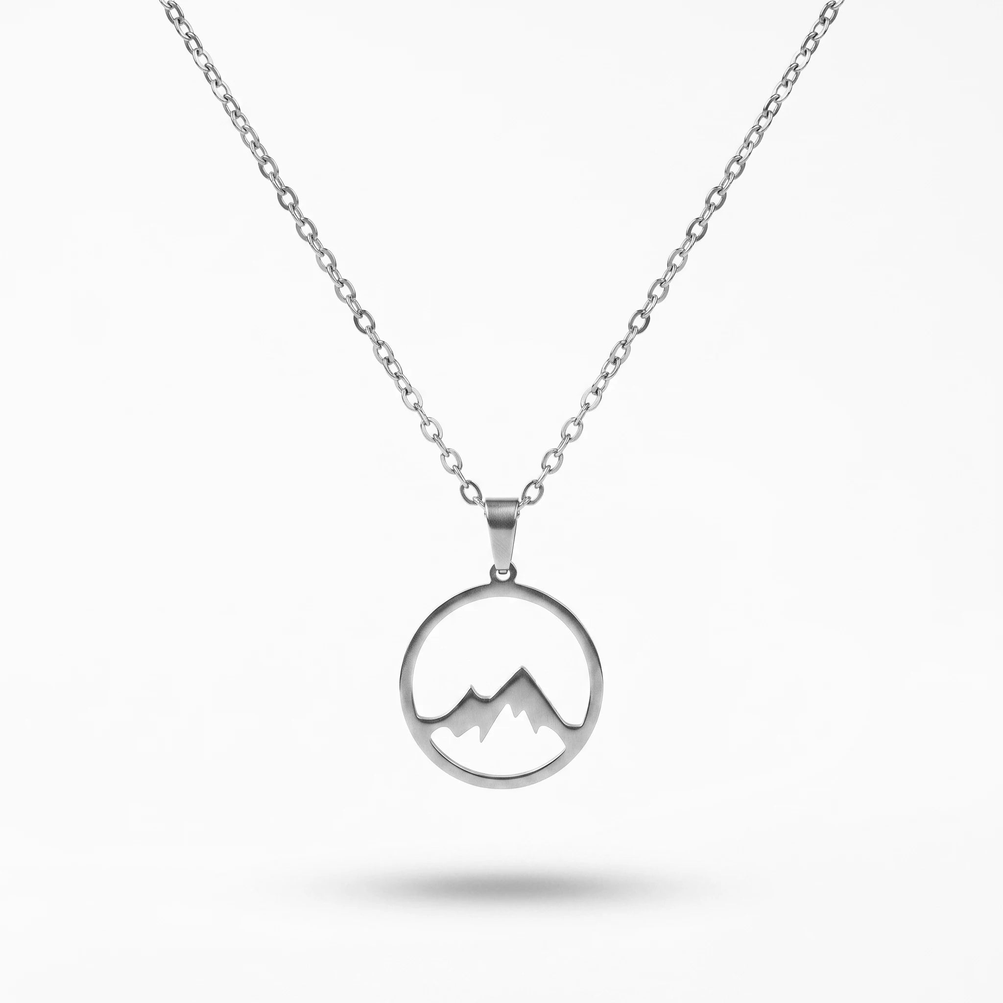 QIAOREN 11251 18K Gold Plated Hollow Mountain Circle Pendant Necklace Stainless Steel Tarnish Free Adventure Hiking Jewelry