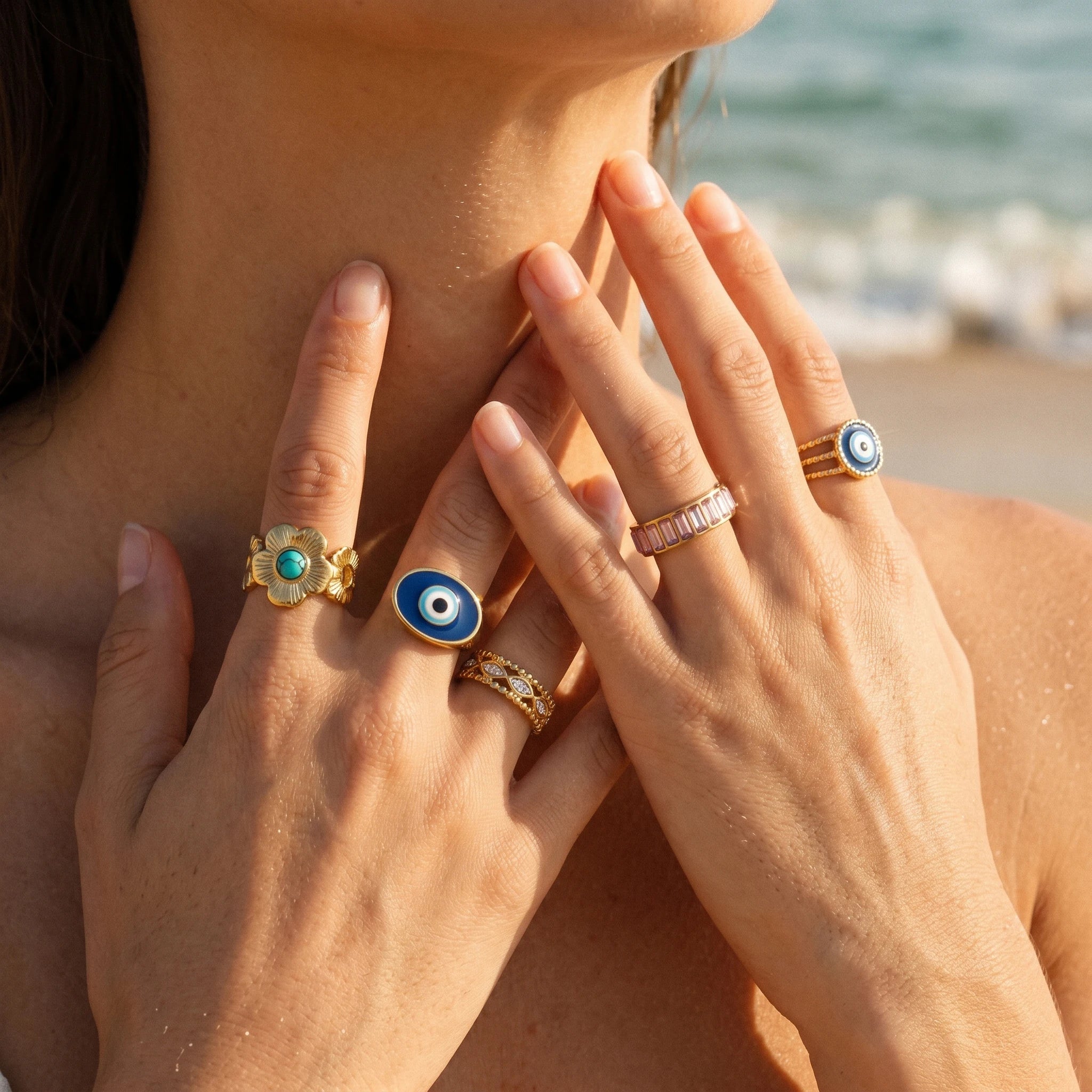 QIAOREN Stainless Steel Adjustable Stackable Ring Set Gold Plated Colorful Enamel Fashion Open Rings for Women