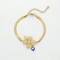 QIAOREN 12779 Stainless Steel Gold Snake Chain Bracelet Four Leaf Clover  Adjustable Women Wrist Jewelry