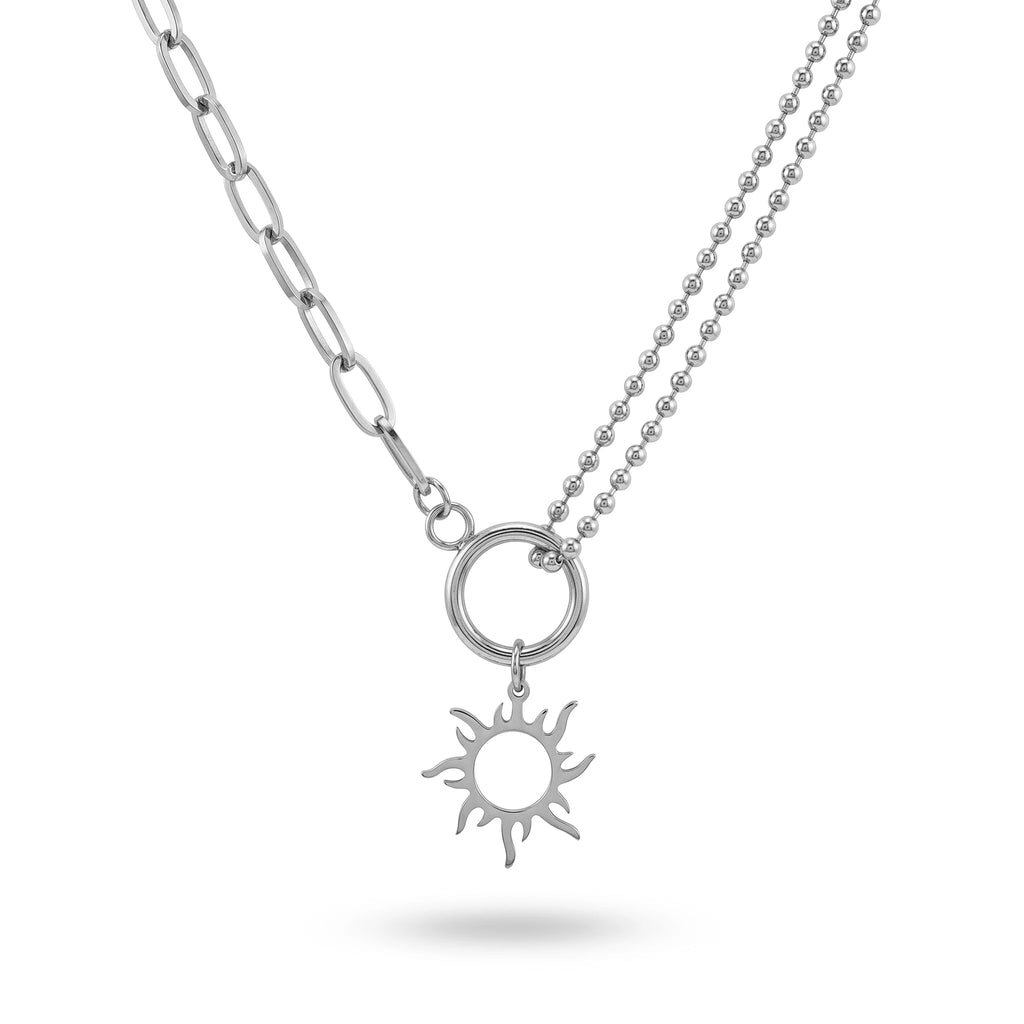 QIAOREN 11349 Trendy Dainty Boho Sun Pendant Layered Necklace 18K Gold Plated Stainless Steel Party Jewelry
