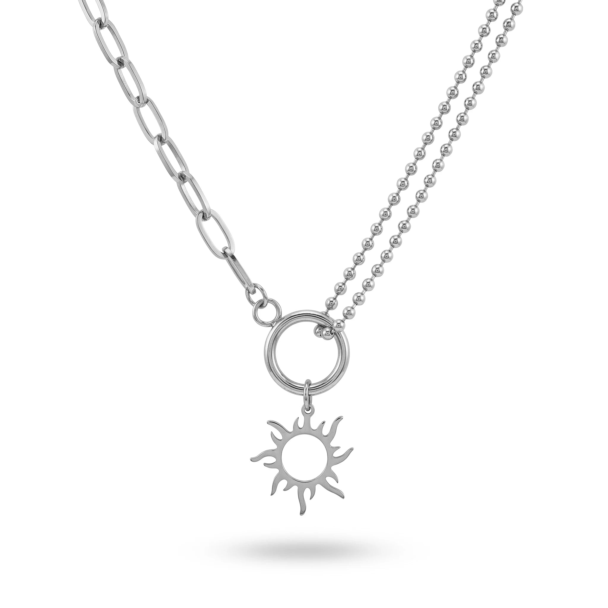 QIAOREN 11349 Trendy Dainty Boho Sun Pendant Layered Necklace 18K Gold Plated Stainless Steel Party Jewelry