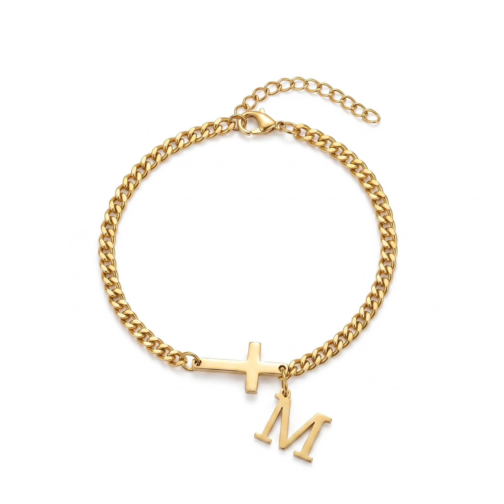 QIAOREN 11416 18K Gold Plated Side Cross & Initial Letter Anklet Stainless Steel Tarnish Free Waterproof