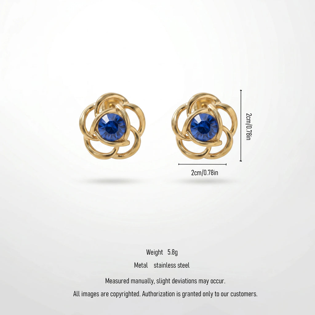 QIAOREN 12455 Vintage Hollow Flower Rose Ear Studs Waterproof Stainless Steel With Sapphire Blue Crystal Anti Tarnish Elegant