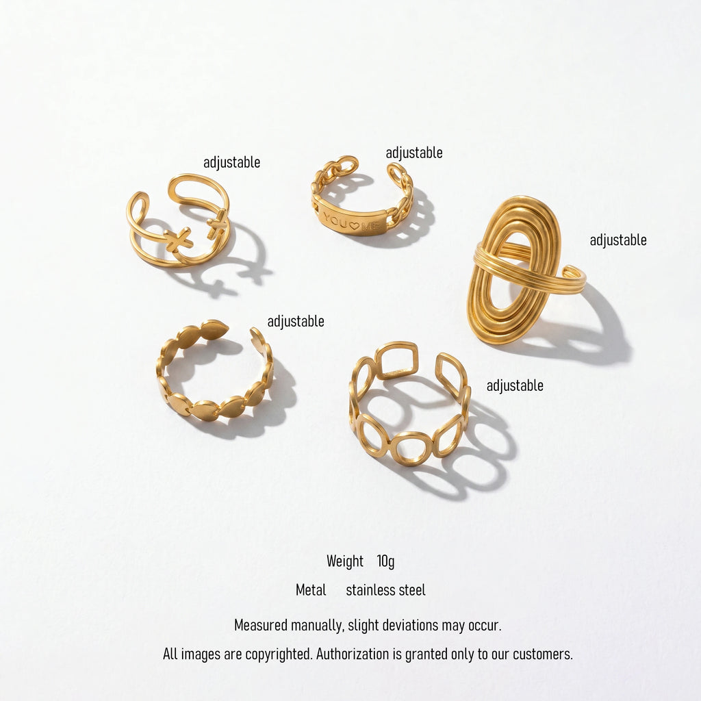 QIAOREN 10707 You & Me Engraved Gold Ring Set - 5Pcs Hypoallergenic Stainless Steel Open Rings