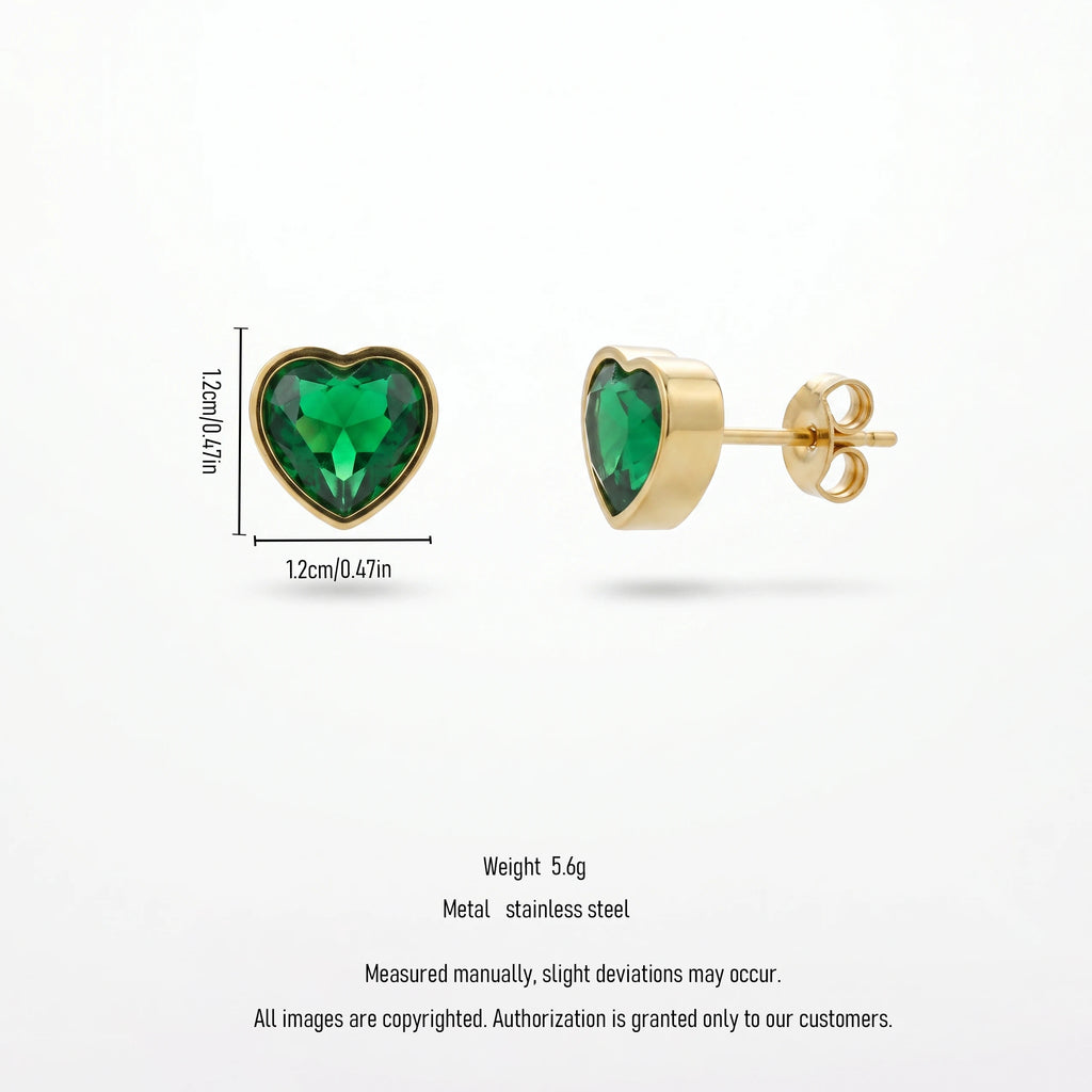 QIAOREN 13816 Solid Bezel Set Heart Stud Earrings with Emerald Green Heart Cut CZ Stone, Polished Gold Stainless Steel Earring