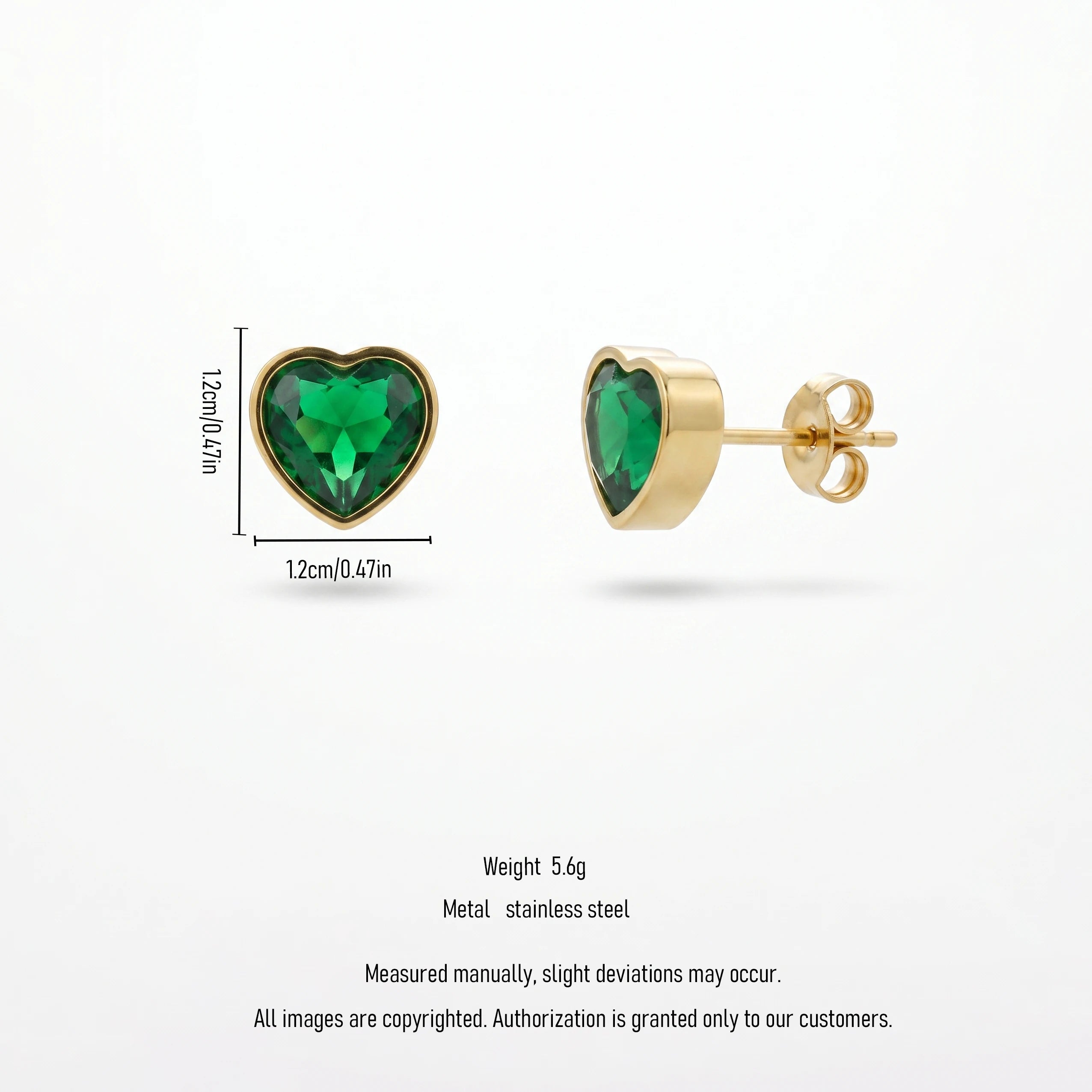 QIAOREN 13816 Solid Bezel Set Heart Stud Earrings with Emerald Green Heart Cut CZ Stone, Polished Gold Stainless Steel Earring