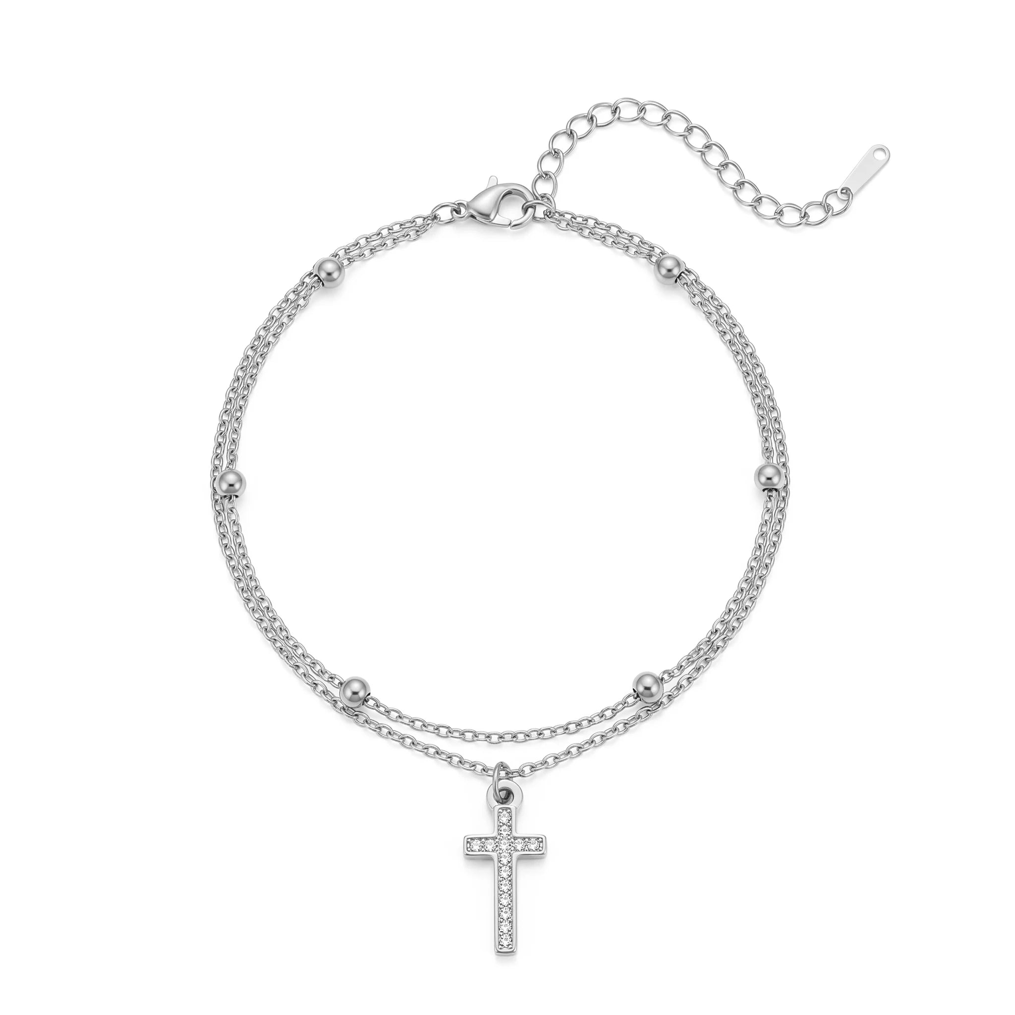 QIAOREN 11412 Dainty Boho Rhinestone Cross Layered Anklet 18K Gold Plated Stainless Steel Beach Foot Jewelry