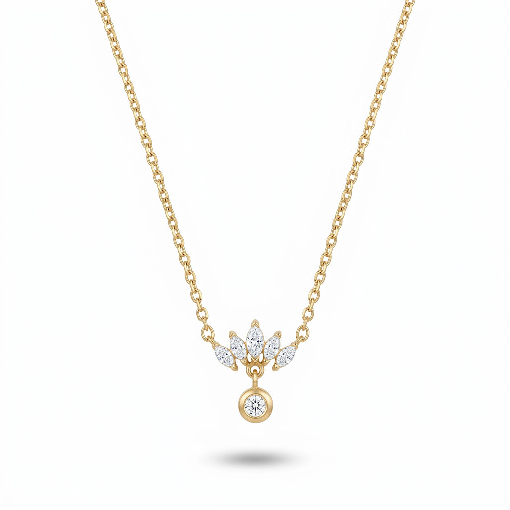 QIAOREN 13762 Thin Oval Link Chain Pendant Necklace with Marquise Cut Zircon Fan Shape Cluster Charm Hanging Round Solitaire CZ