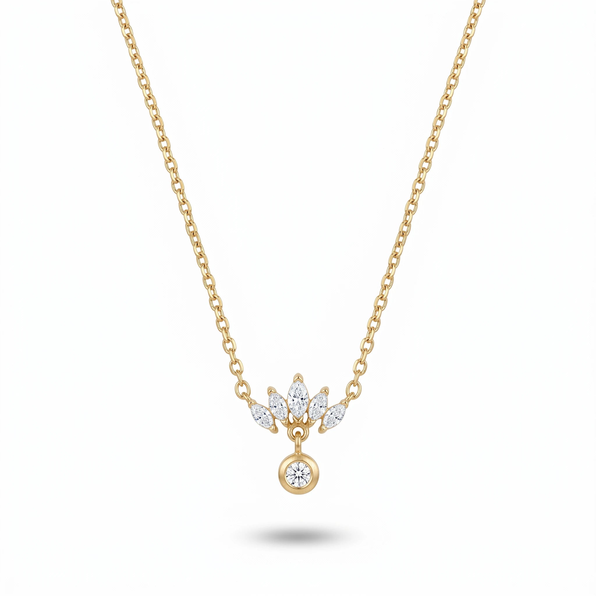 QIAOREN 13762 Thin Oval Link Chain Pendant Necklace with Marquise Cut Zircon Fan Shape Cluster Charm Hanging Round Solitaire CZ