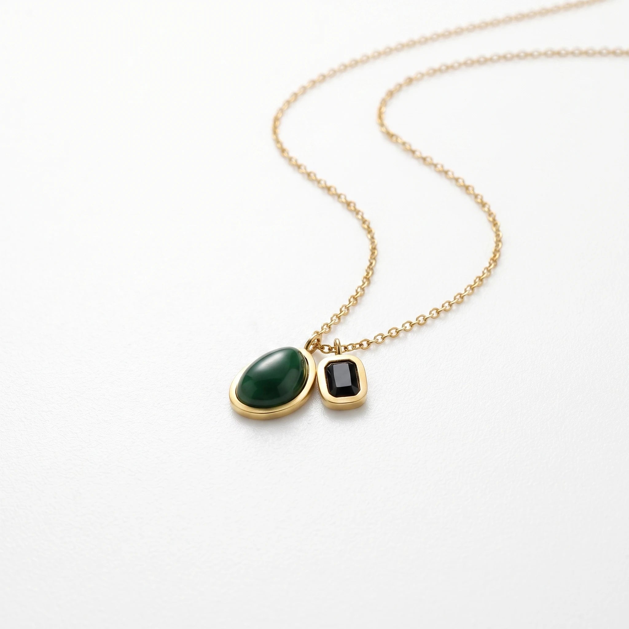 QIAOREN 13505 Two Pendant Emerald Oval Stone & Black Rectangle Crystal Necklace, Dainty Thin Cable Chain Dual Charms Necklace