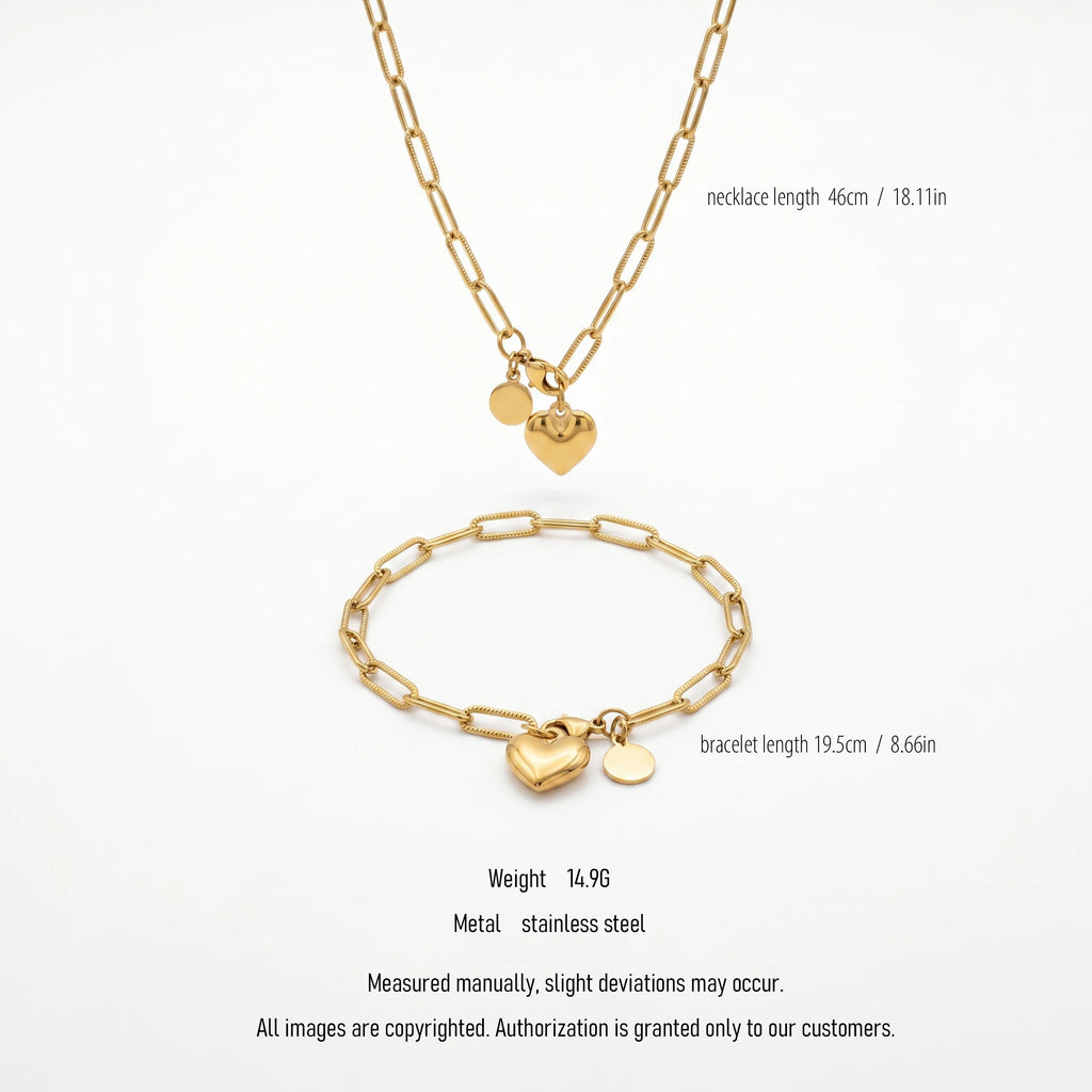 QIAOREN 10641 Stainless Steel Trendy Geometric Heart Charm Jewelry Set 18K Gold Plated Paperclip Necklace Bracelet for Women