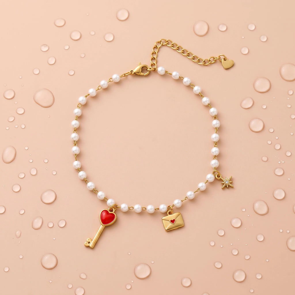 QIAOREN 13331 Romantic Pearl Anklet with Heart Key, Love Envelope & Rhinestone Star Charms, Sweet Love Foot Jewelry Gift