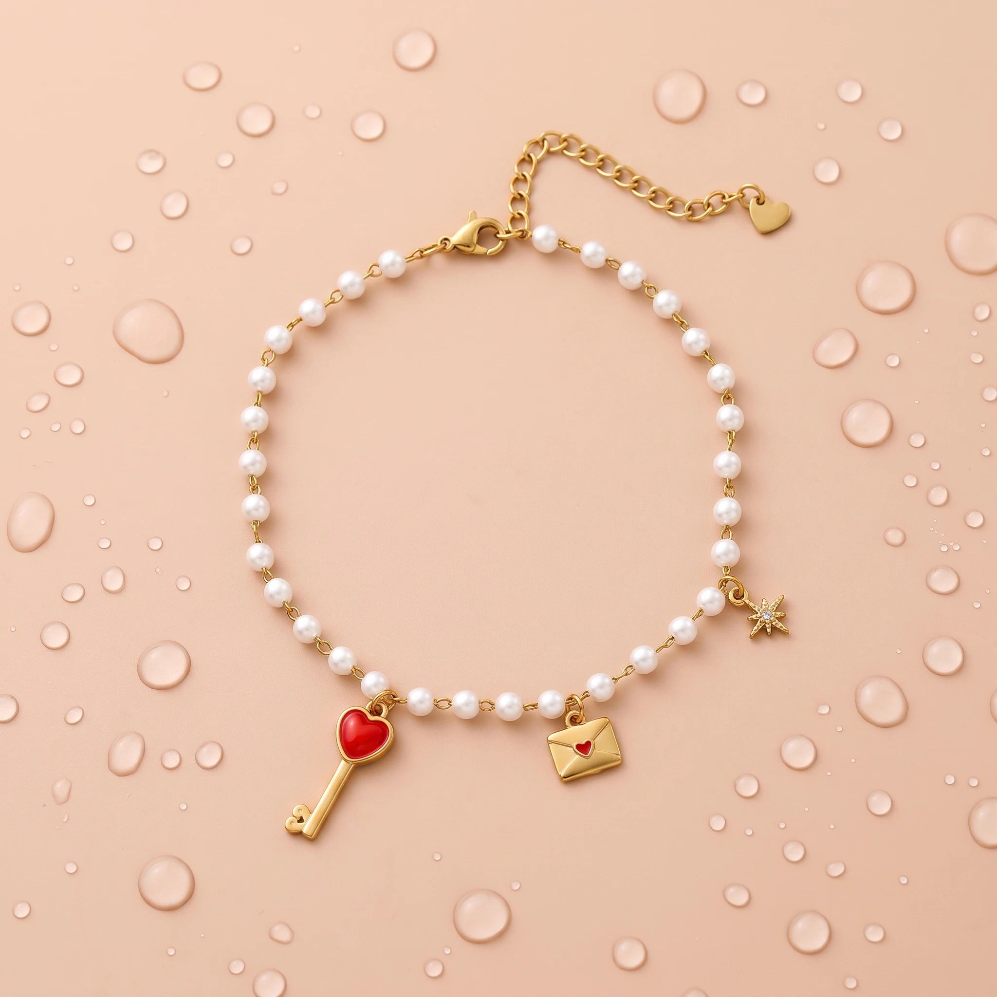 QIAOREN 13331 Romantic Pearl Anklet with Heart Key, Love Envelope & Rhinestone Star Charms, Sweet Love Foot Jewelry Gift