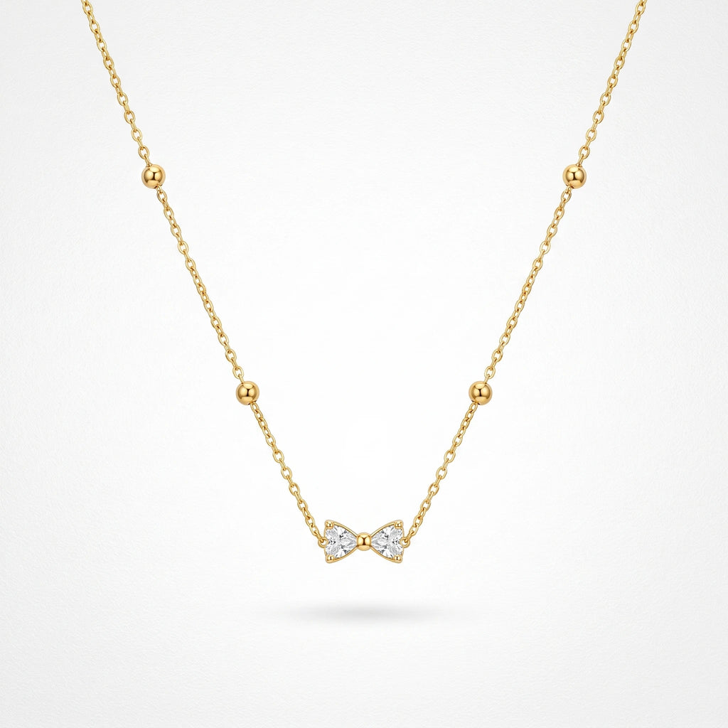QIAOREN 13509 Dainty Crystal Bow Pendant Station Necklace with Round Beaded Thin Cable Chain, Gold Mini Bowknot CZ Necklace