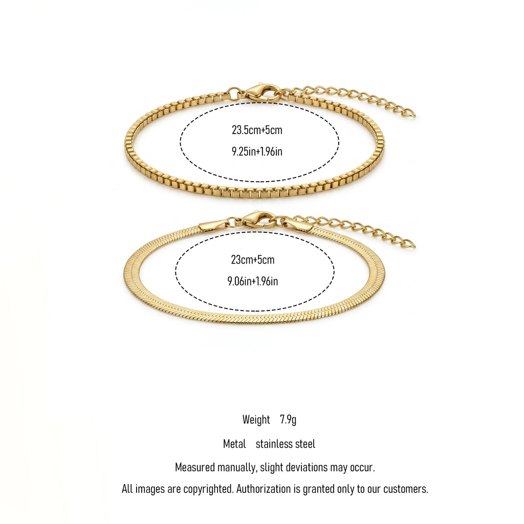 QIAOREN 11534 Minimalist Herringbone Box Chain Anklet Set 18K Gold Plated Beach Vacation Foot Jewelry