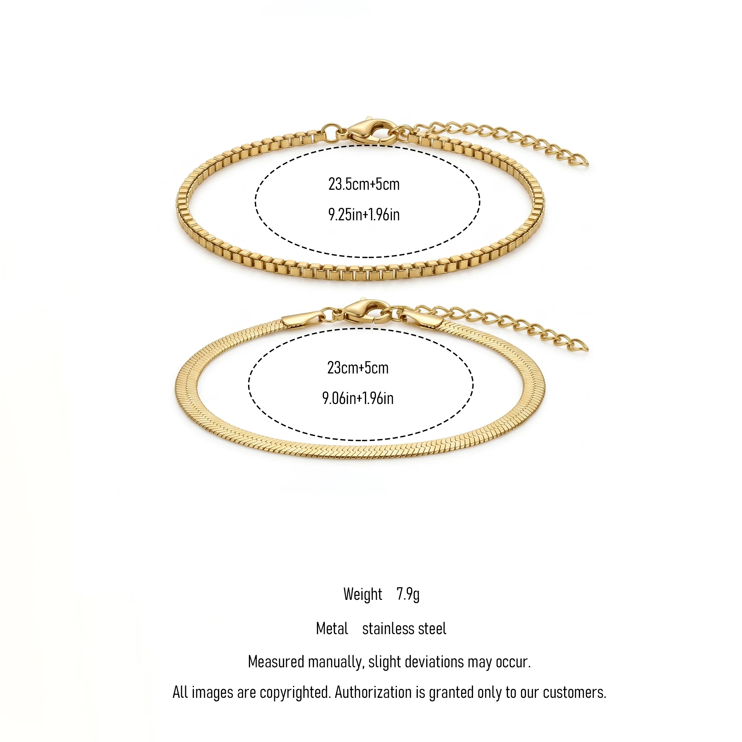 QIAOREN 11534 Minimalist Herringbone Box Chain Anklet Set 18K Gold Plated Beach Vacation Foot Jewelry