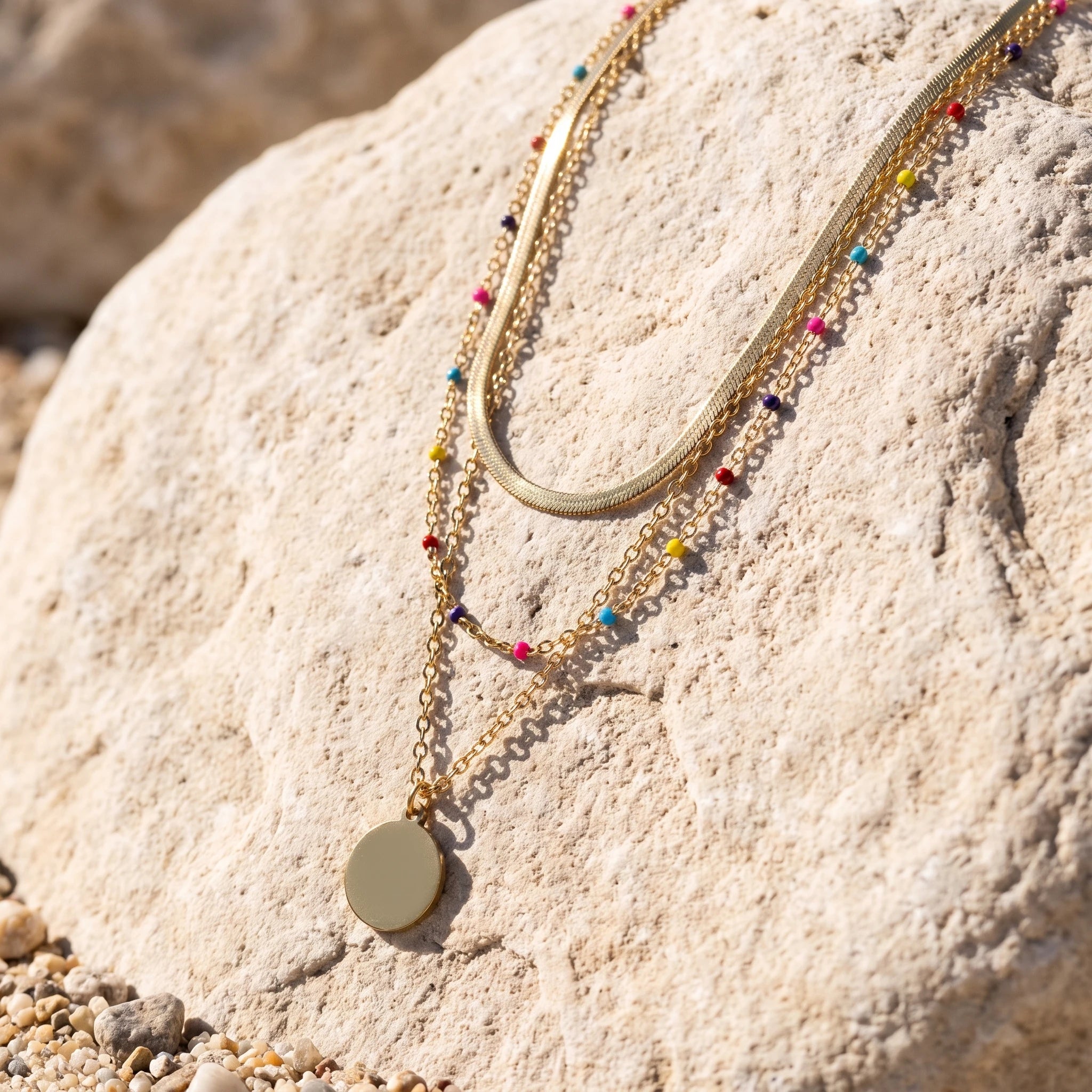 QIAOREN 14415 Layered Herringbone Colorful Bead Disc Pendant Necklace, Stainless Steel Multi Layer Chain Necklace Jewelry Gift