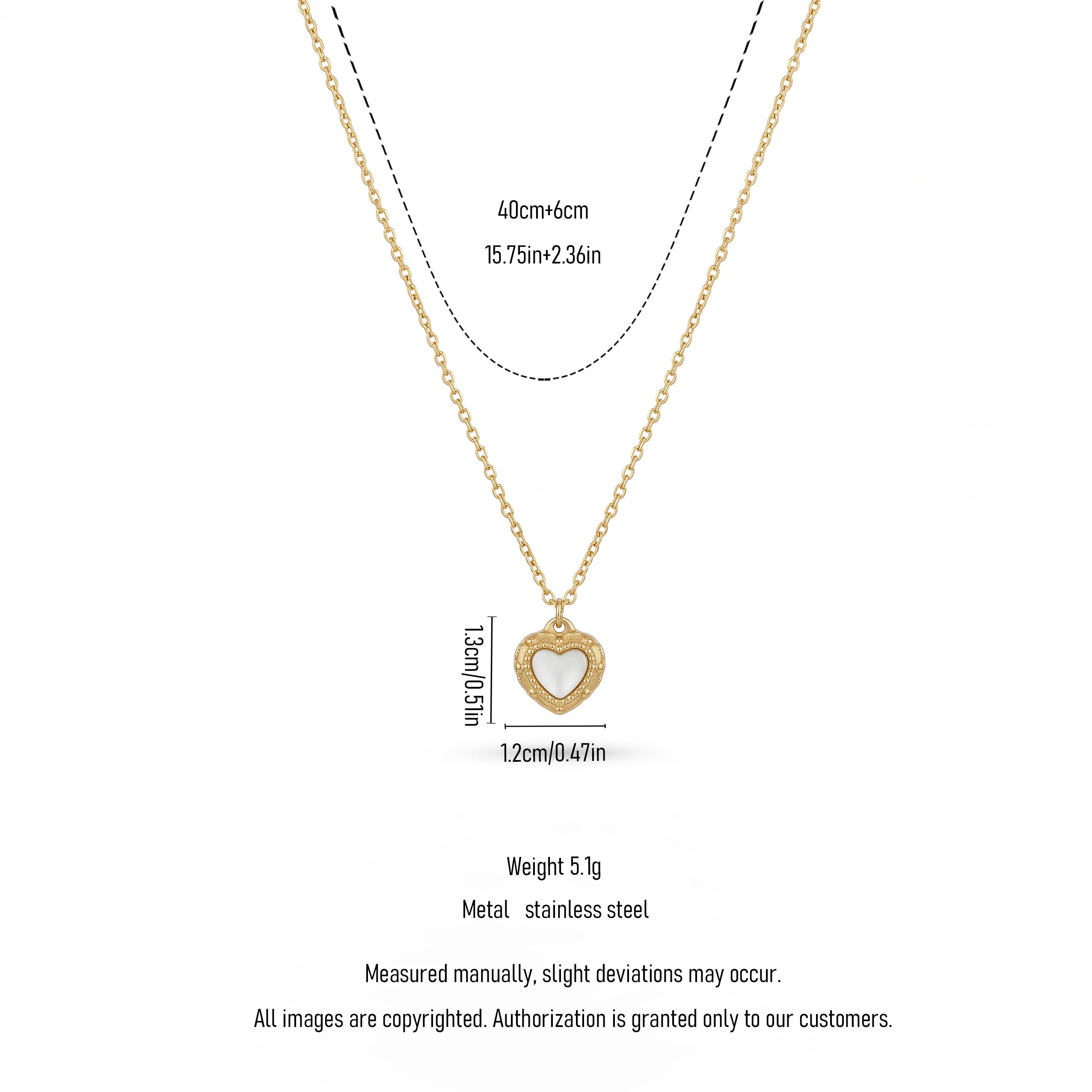 QIAOREN 13939 Thin Oval Link Chain Milgrain Bezel Heart Pendant Inlaid White Mother of Pearl, Polished Gold Vintage Love
