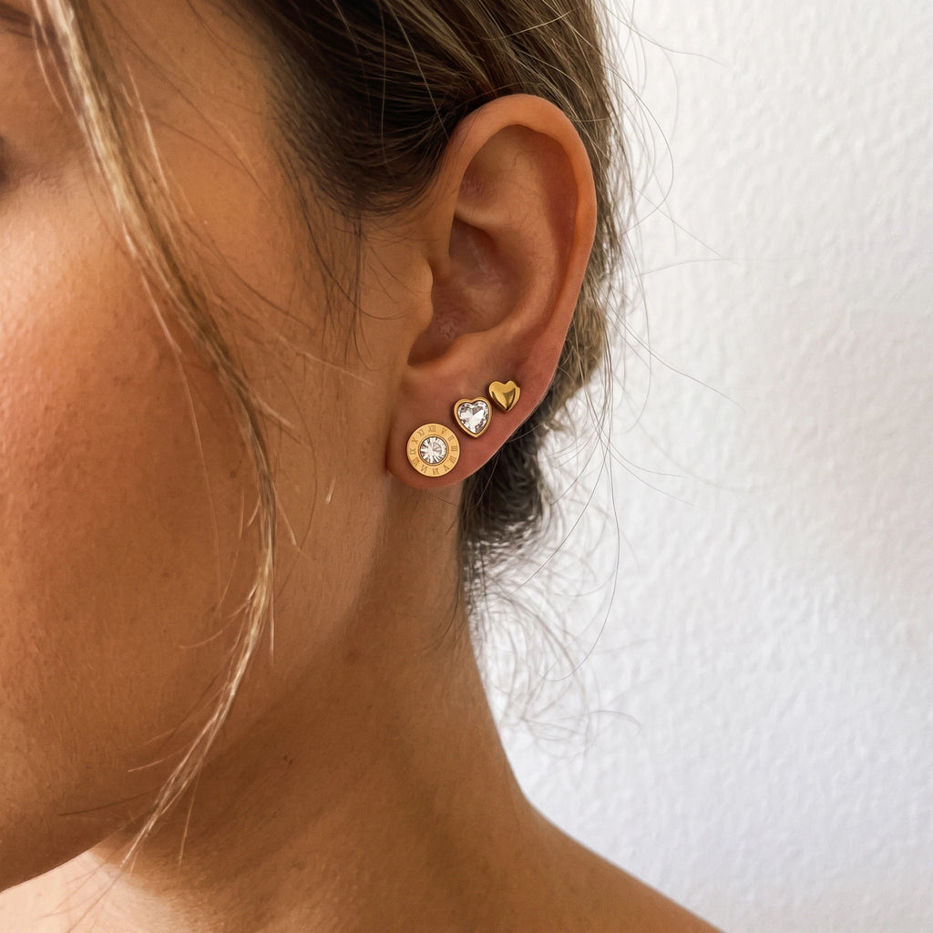 QIAOREN 14445  3 Pairs Gold Tone Stainless Steel Ear Studs Heart Shaped CZ Stud Earrings Set Earrings Jewelry Gift