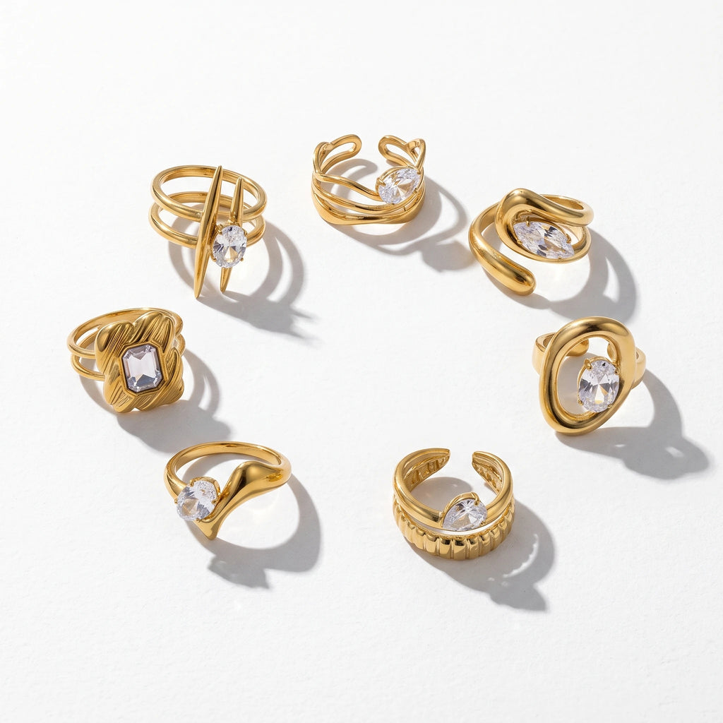 QIAOREN 14262-68 Vintage Floral Spiral Leaf Open Cuff Ring Collection, Adjustable Stackable Statement Rings with Zircon