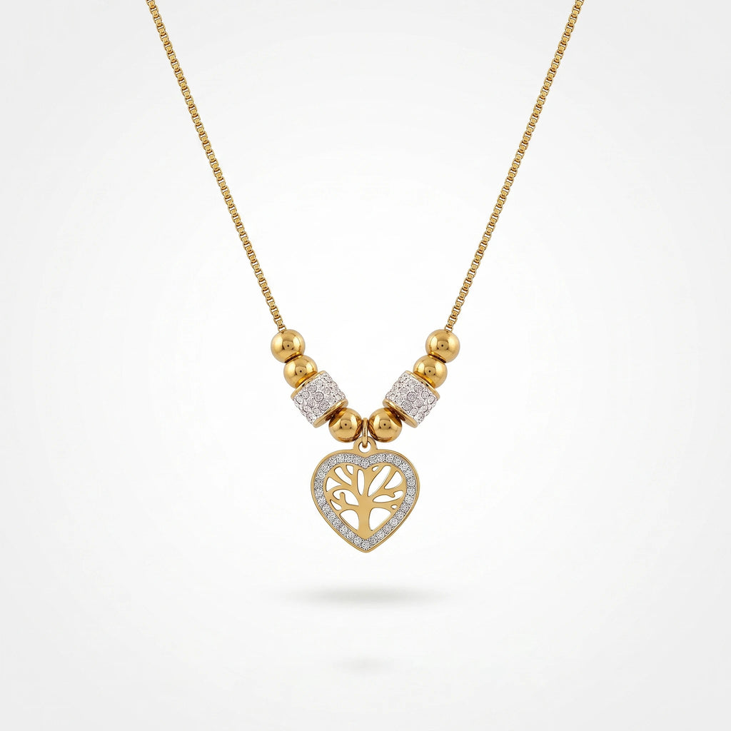QIAOREN 13809 Thin Box Chain Pendant Necklace with Round Ball Beads & Two Paved CZ Tube Spacers, Hollow Heart Frame Life