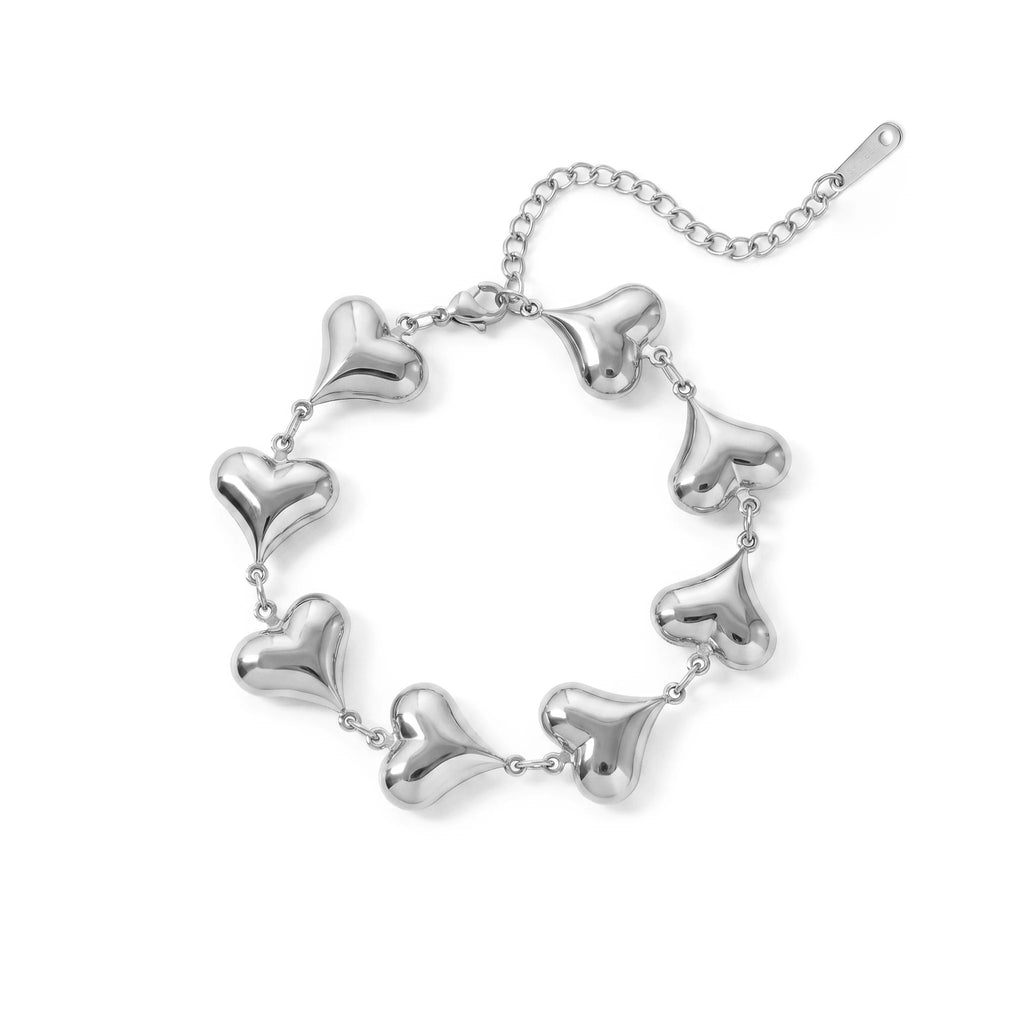 QIAOREN 12061 Popular US Romantic Design Stainless Steel Smooth Heart Linked Bracelet  Birthday Gift for American Girls