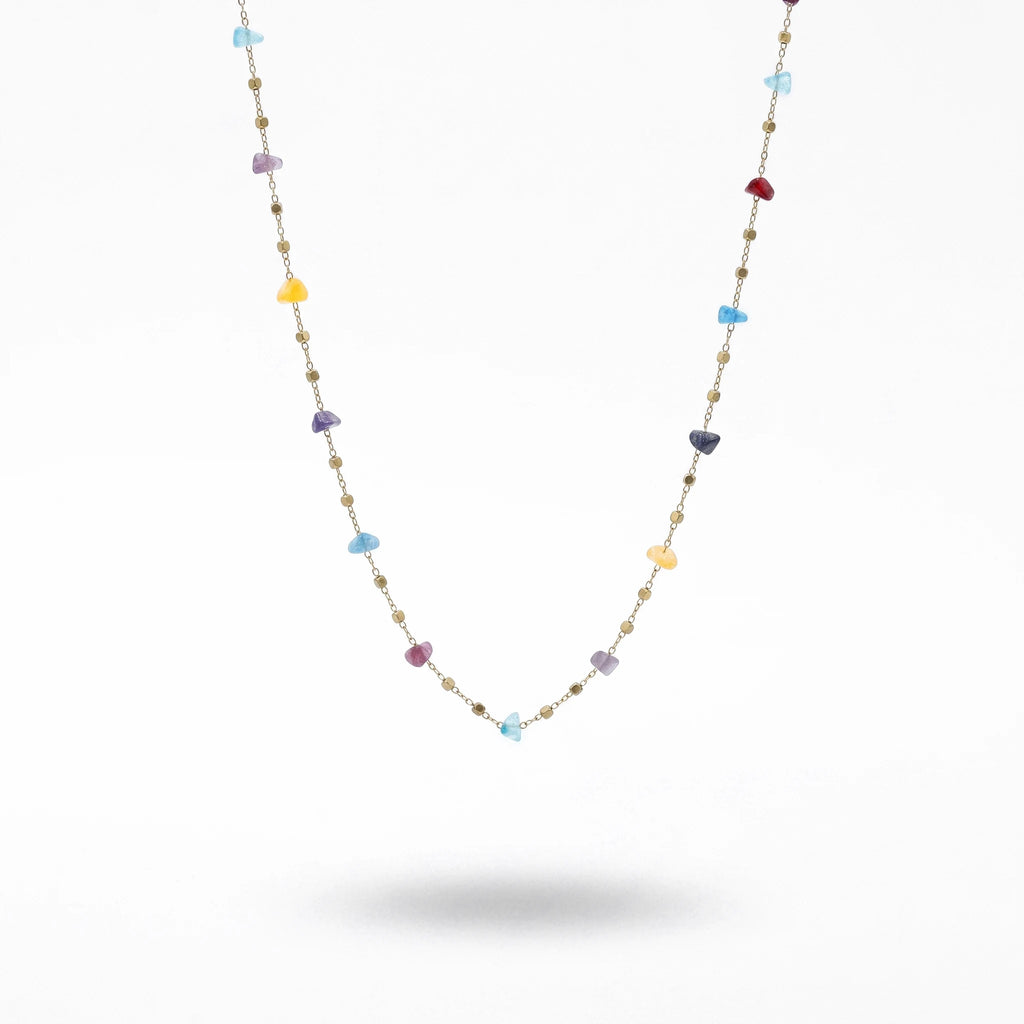 QIAOREN 13541 Dainty Mixed Color Irregular Natural Chip Stone Station Necklace, Tiny Multicolor Crystal Chain Necklace