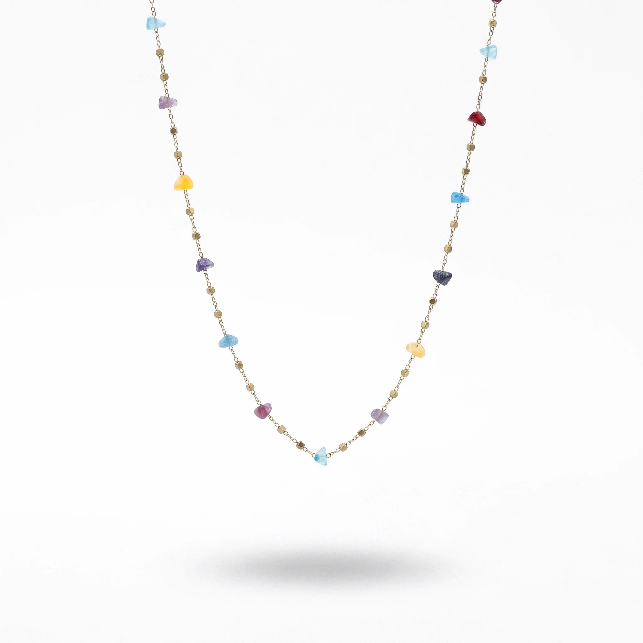 QIAOREN 13541 Dainty Mixed Color Irregular Natural Chip Stone Station Necklace, Tiny Multicolor Crystal Chain Necklace
