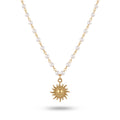 QIAOREN 13932 Pearl Beaded Chain Pendant Necklace with Textured Sunburst Sun Charm, Polished Gold Boho Sunshine