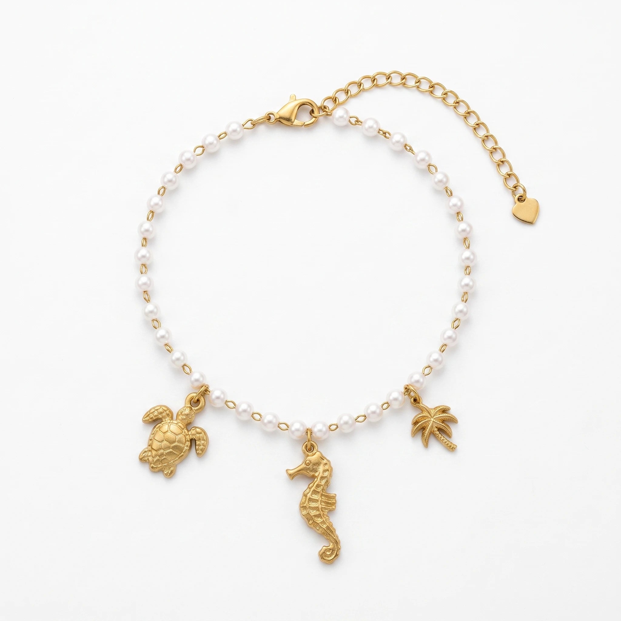 QIAOREN 13330 Beach Pearl Anklet with Sea Turtle, Seahorse & Palm Tree Charms, Tropical Coastal Foot Jewelry Gift