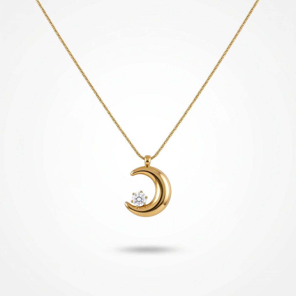 QIAOREN 13726 Thin Snake Chain Pendant Necklace with Smooth Curved Crescent Moon Charm Inlaid Single Round Clear Zircon